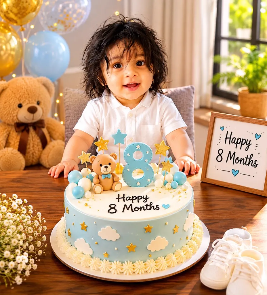 Trayaksh celebrating eight months with a styled milestone cake and soft studio lighting